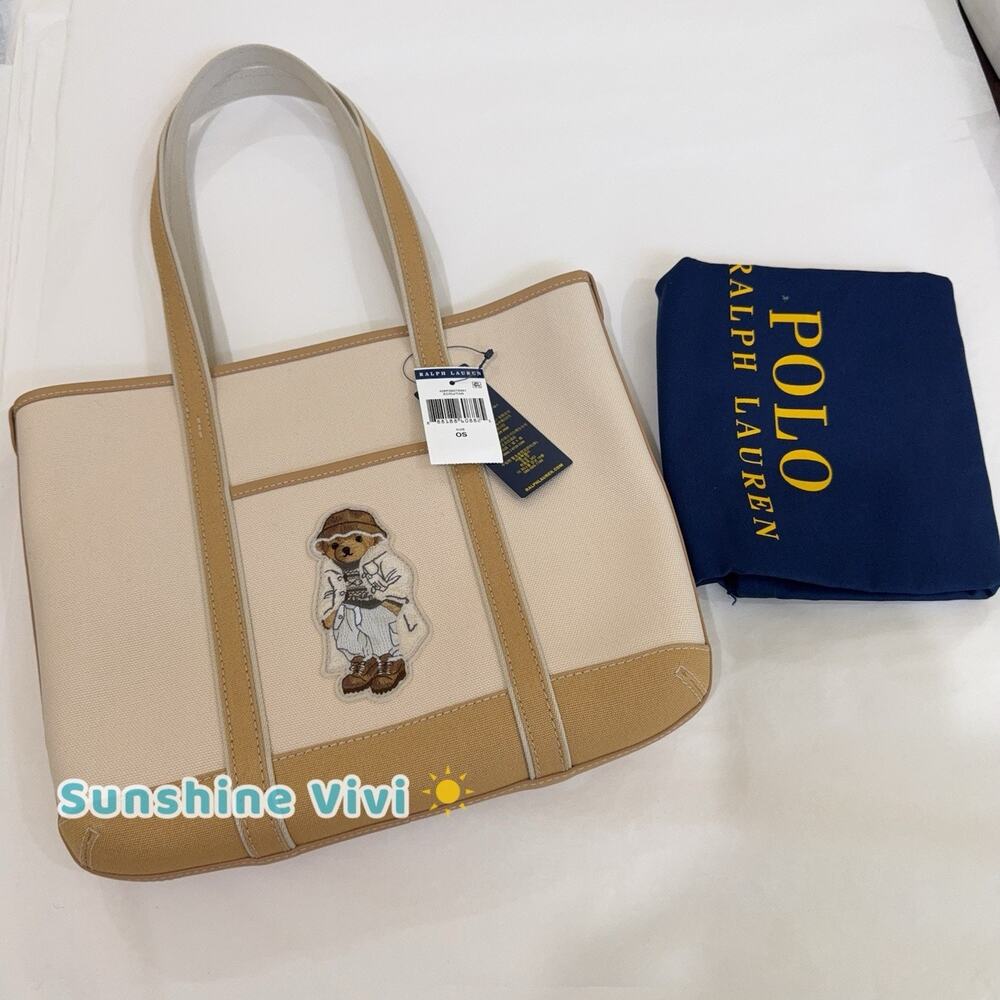 NWT POLO Ralph Lauren Small Polo Bear Canvas Tote Bag Tan Cotton